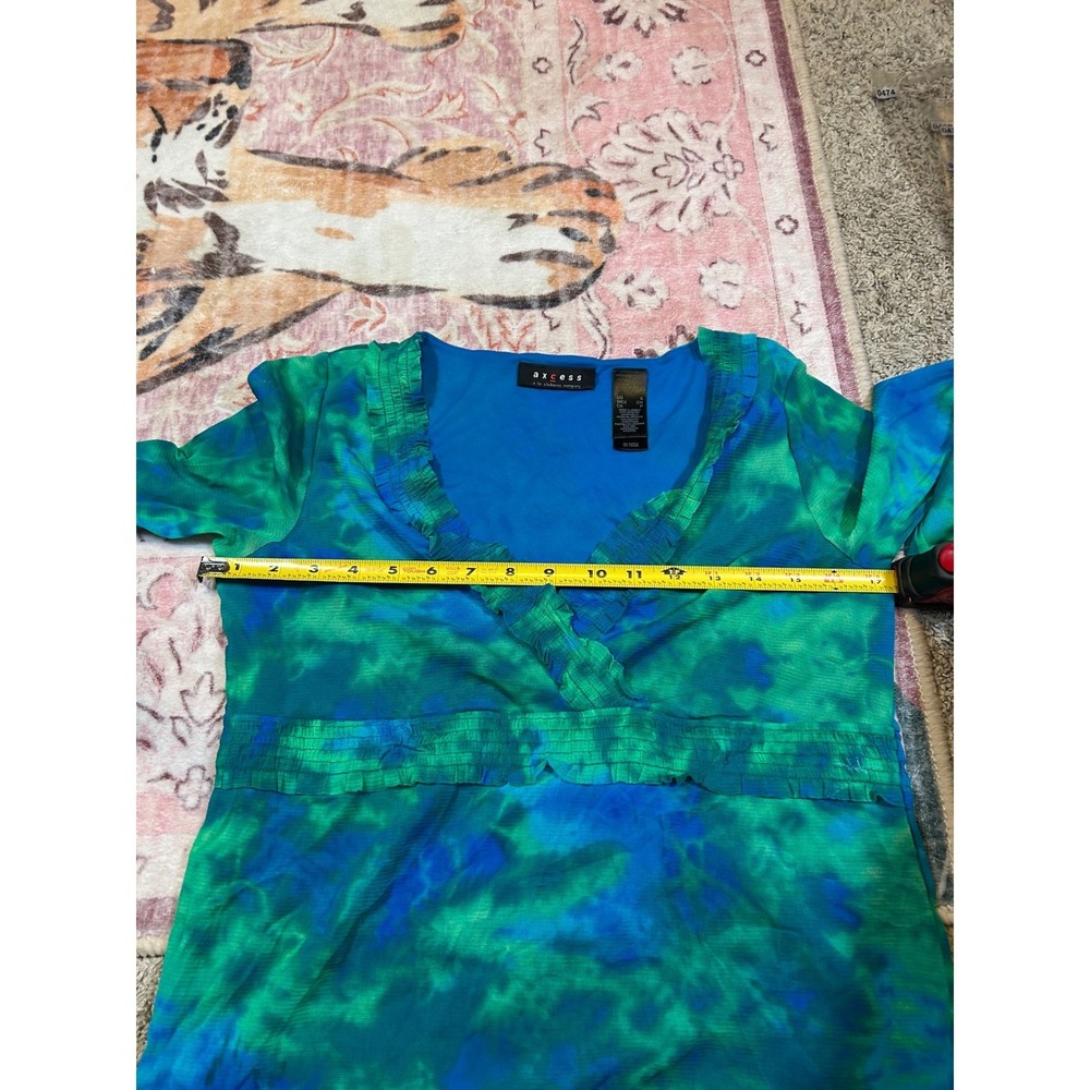 Y2K Liz Claiborne Tie Dye V Neck Ruffled Babydoll Top Blue Green Size S - Picture 6 of 7